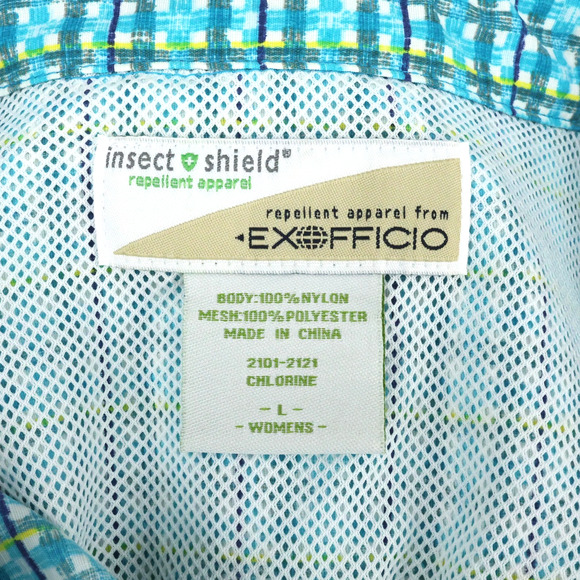 Exofficio Top Womens Large Blue White Plaid Blouse Long Sleeve Vents Pockets - Picture 3 of 16